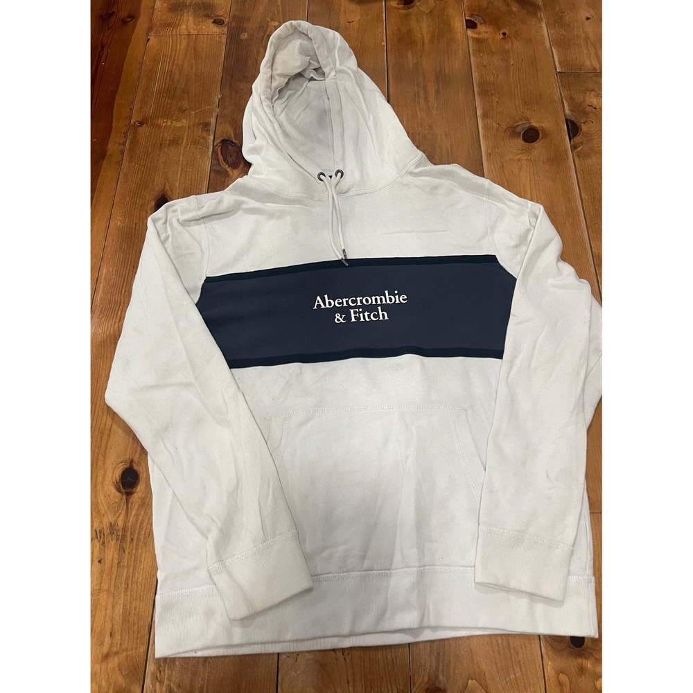 Abercrombie & Fitch Mens Soft A&F Fleece Hoodie White Navy Colorblock XL